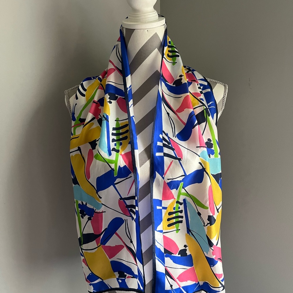 Colorful Abstract Vintage Silk Print Scarf - 52” l x 11” w